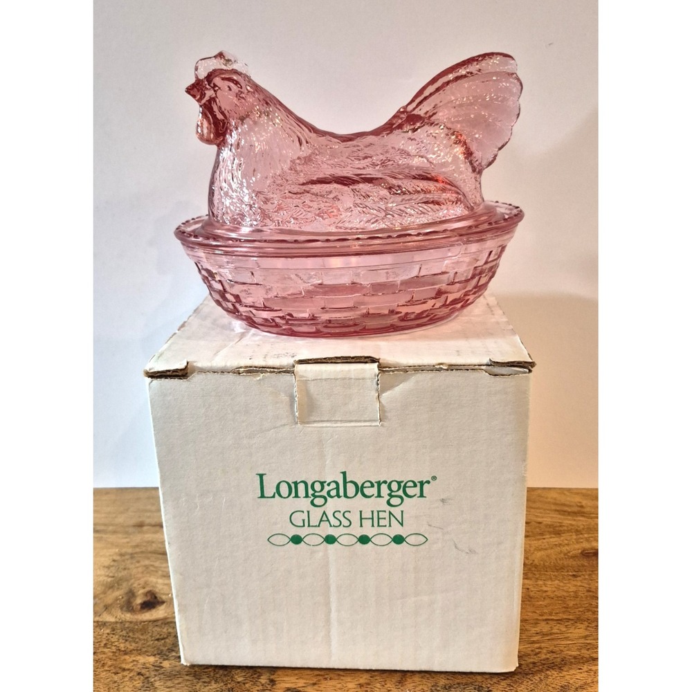Longaberger Pink Glass Hen On Nest Covered Dish Basket Candy Box w/ Original Box